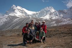 34 Gerhardt, Rajin, Jerome Ryan, Tashi, Ram, Chris, Jan, Ben And Shane With Chomolonzo and Makalu From Near Everest East Base Camp In Tibet